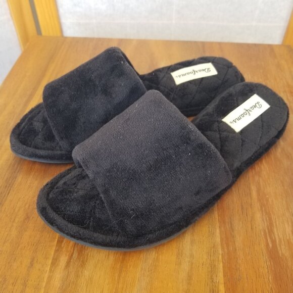 Dearfoams Slippers Beatrice Microfiber Velour Side Gore Slide Black Med US 7/8 - Picture 1 of 6